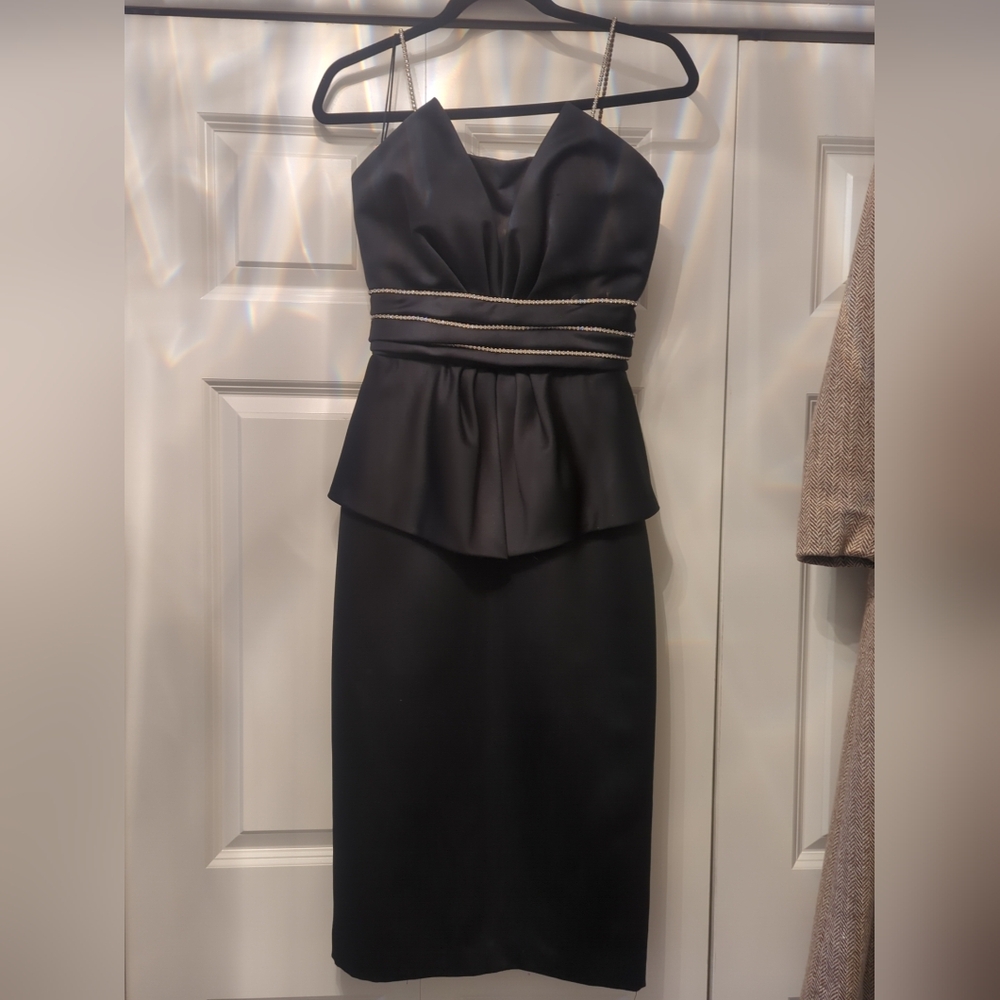 Vintage 90s Lillie Rubin Black Satin Peplum Cocktail Dress Rhinestone waist